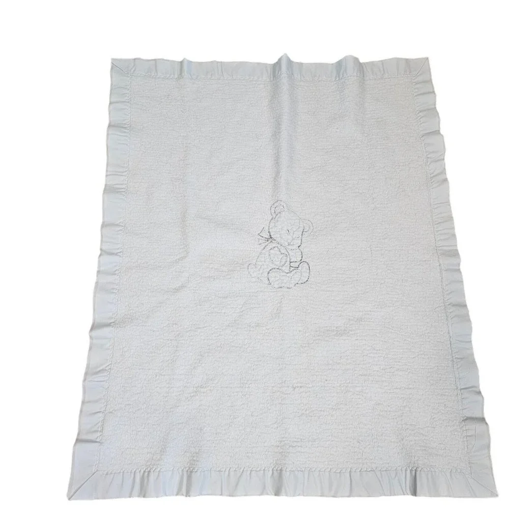 Quiltex Vintage Blue Acrylic Baby Blanket Teddy Bear Satin Trim 36 x 43”‎ ILGWU
